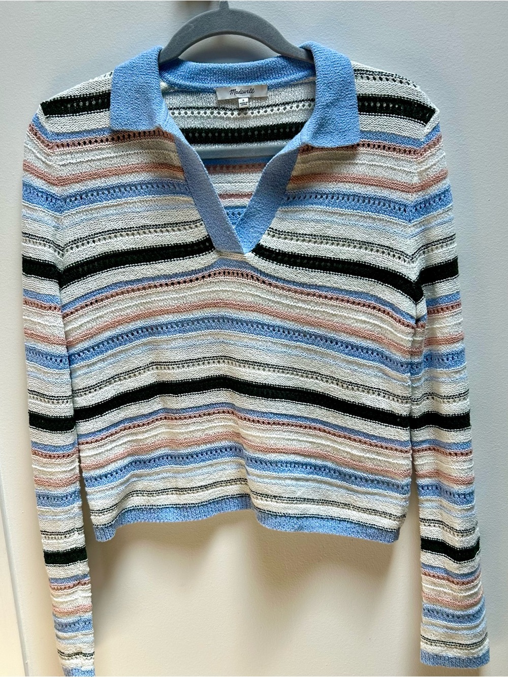 Madewell Open-Knit Striped Polo Sweater in Light Blue, Cream & Dark Green